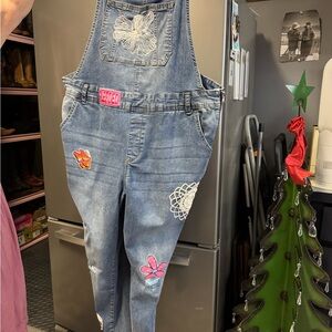 Wallflower Blue Denim Overalls with Colorful Patches